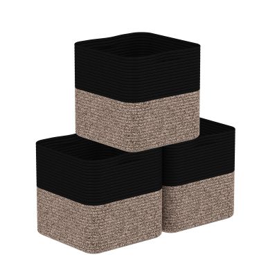 Storage Cotton Cubes 11 Inch, Woven Cotton Rope Storage Baskets for Toys Blanket Organizing, Storage Bins Decorative Organizer with Handles for Living Room Laundry Room Closet (3 Pack, Black Brown)