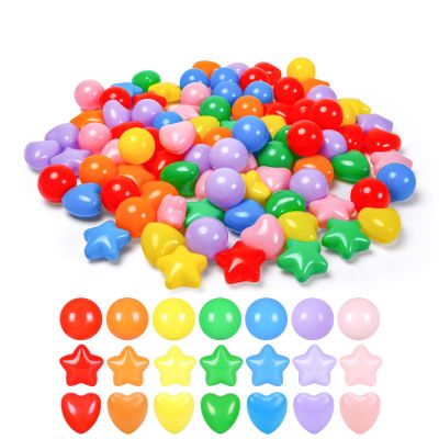 Heopeis 200 Star Ball Pit Balls Hearts for Toddlers Phthalate Free BPA Free Crush Proof Plastic - 7 Bright Colors in Reusable Play Toys for Kids with Storage Bag Indoor Outdoor