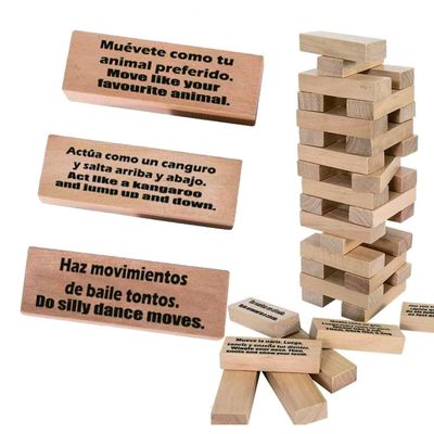 Magictodoor Spanish Learning Games for Kids | Stacking Tower Game | Bilingual Gifts for Family Classroom | 54 Blocks with Hilarious Commands | Ideal Board Game
