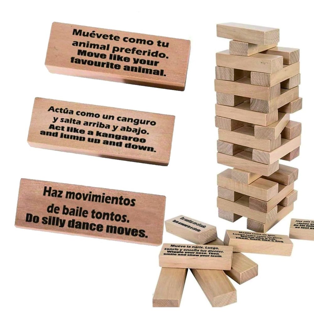Magictodoor Spanish Learning Games for Kids | Stacking Tower Game | Bilingual Gifts for Family Classroom | 54 Blocks with Hilarious Commands | Ideal Board Game