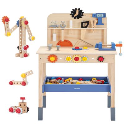 Pillowhale Wooden Kids Tool Bench with 69 Pieces  Wooden Workbench Toy with Tools, Gears & Storage, Construction & STEM Building Play Set for Kids Ages 36