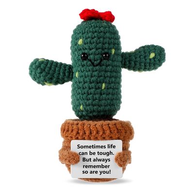 Positive Cactus Crochet, 5.3 Inch Handmade Summer Knitted Cactus Toy Funny Positive Cactus Cute Emotional Support Life Plant Doll Gifts with Encouragement Card for Home Party Decoration