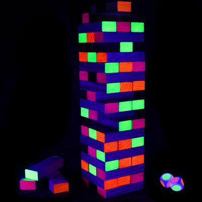 Ahuimeius 54 Piece Glow Tumble Tower Board Games, Glow in The Blacklight Tumble Tower, Indoor/Outdoor Board Game for Adults for Family Game Night