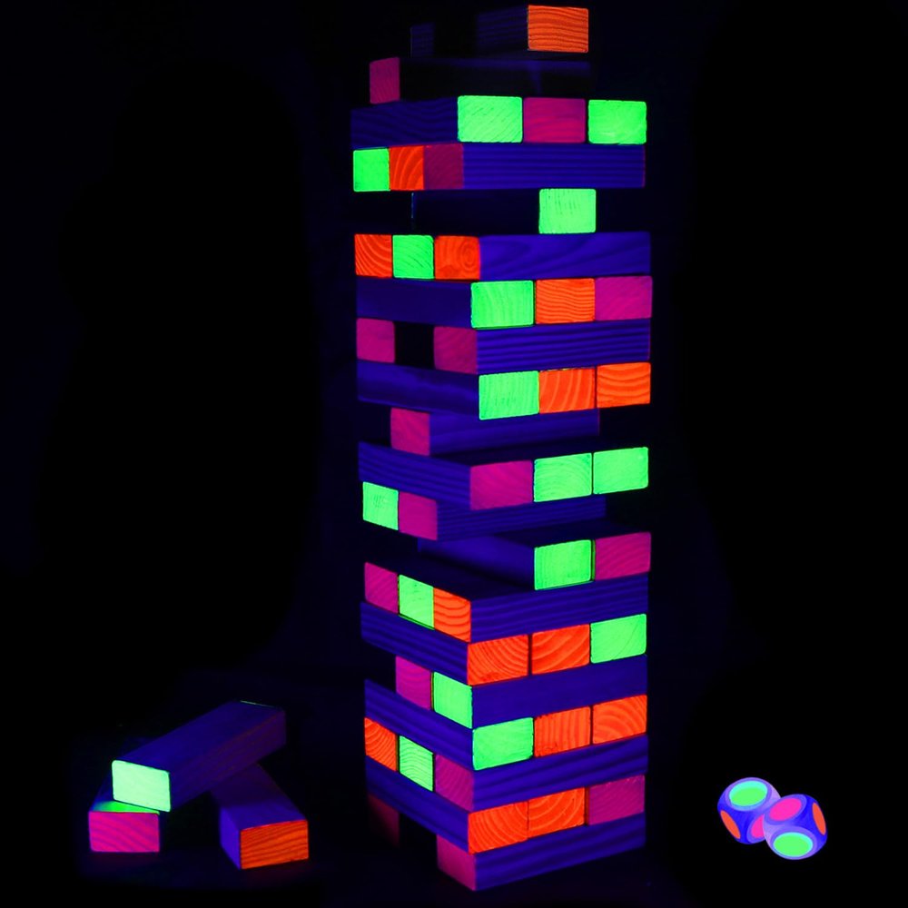 Ahuimeius 54 Piece Glow Tumble Tower Board Games, Glow in The Blacklight Tumble Tower, Indoor/Outdoor Board Game for Adults for Family Game Night