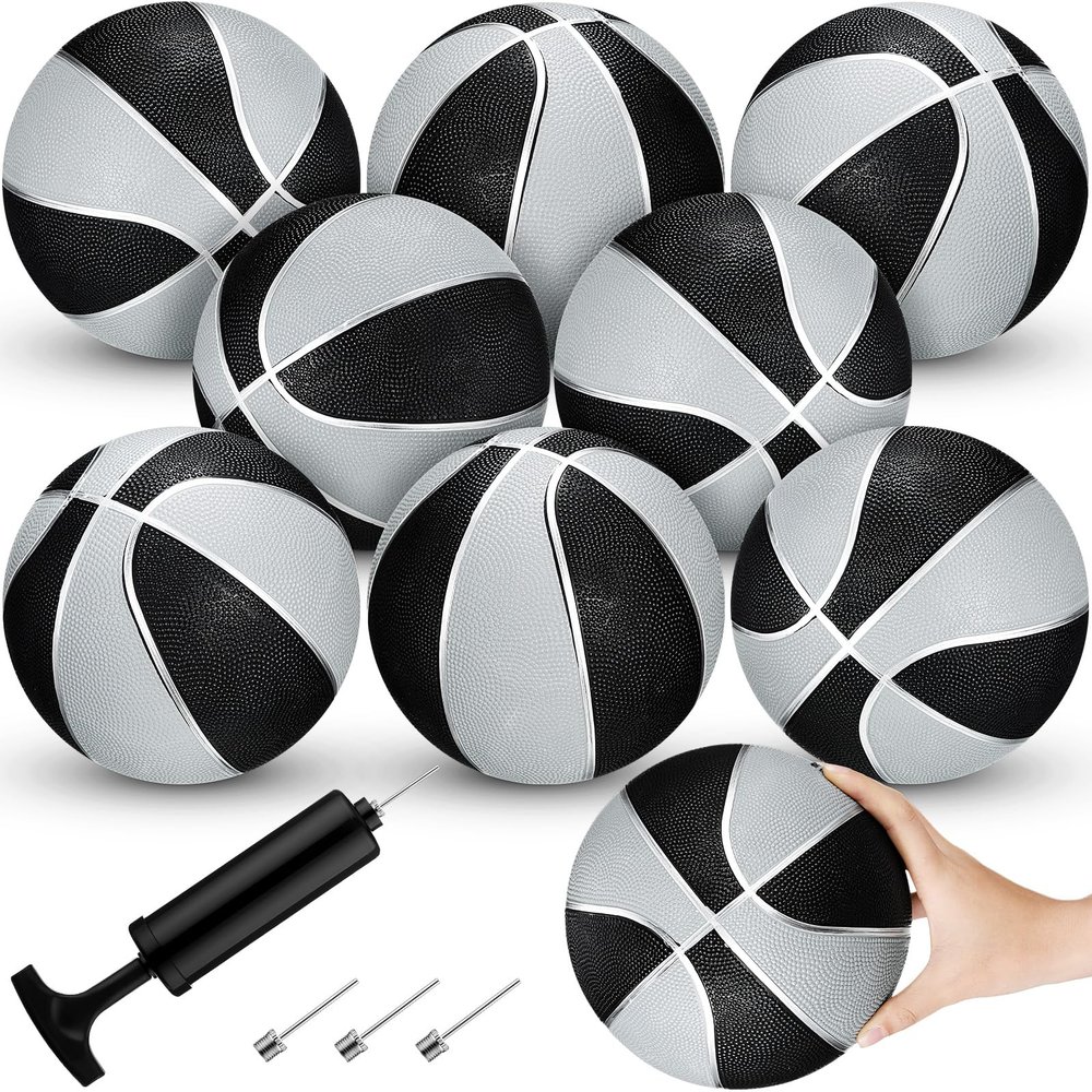 8 Pack 7 Inch Mini Rubber Basketballs Set Small Basketball with Air Pump Mini Hoop Junior Size 3 Basketballs for Beginner Arcade Games Indoor Outdoor Pool Party Favors(Black and Silver)