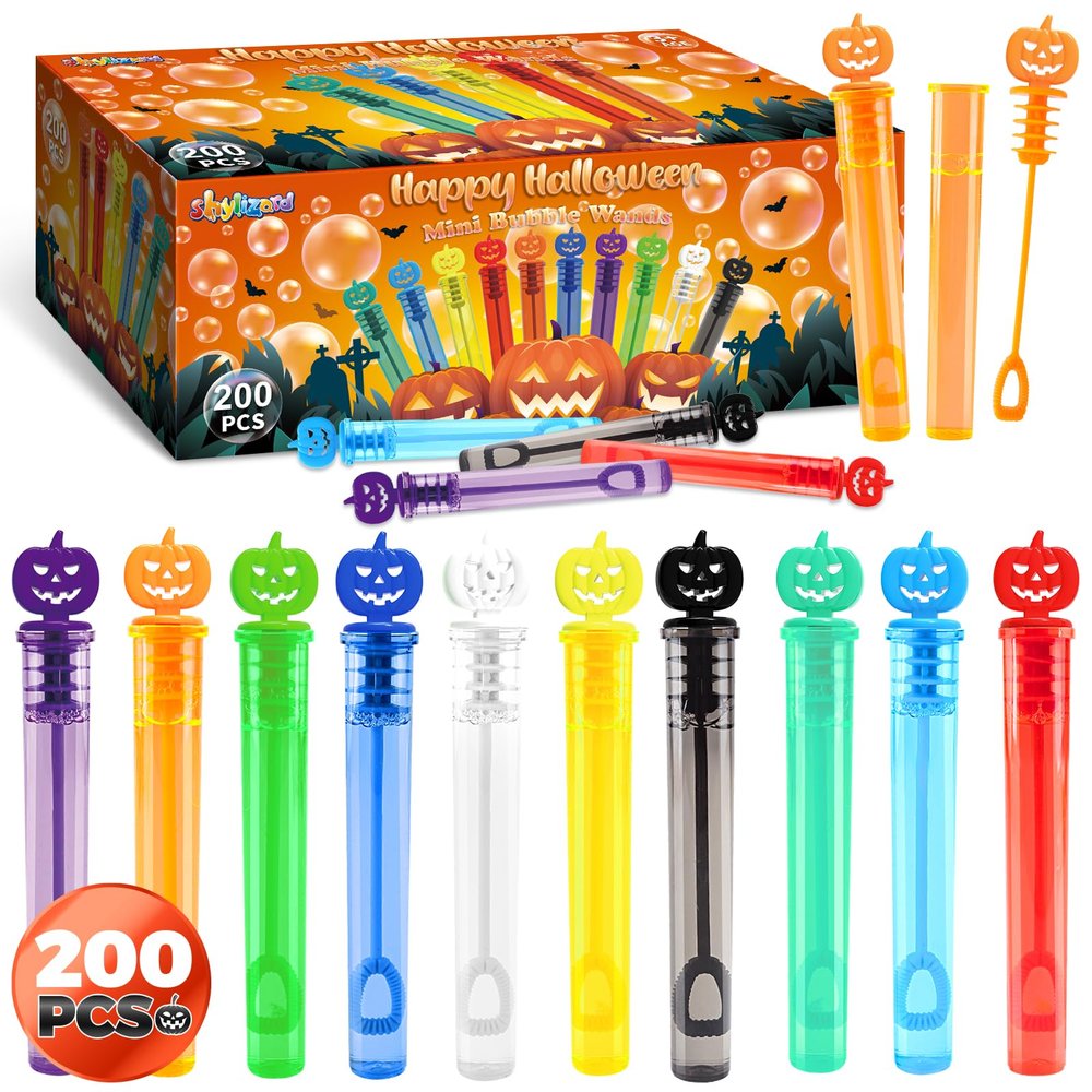 200PCS Halloween Party Favor, Halloween Bubble Wands for Kids, Halloween Trick or Treat Toys, Goodies Bag Fillers, Pinata Fillers, Mini Bubble Wands for Party Supplies