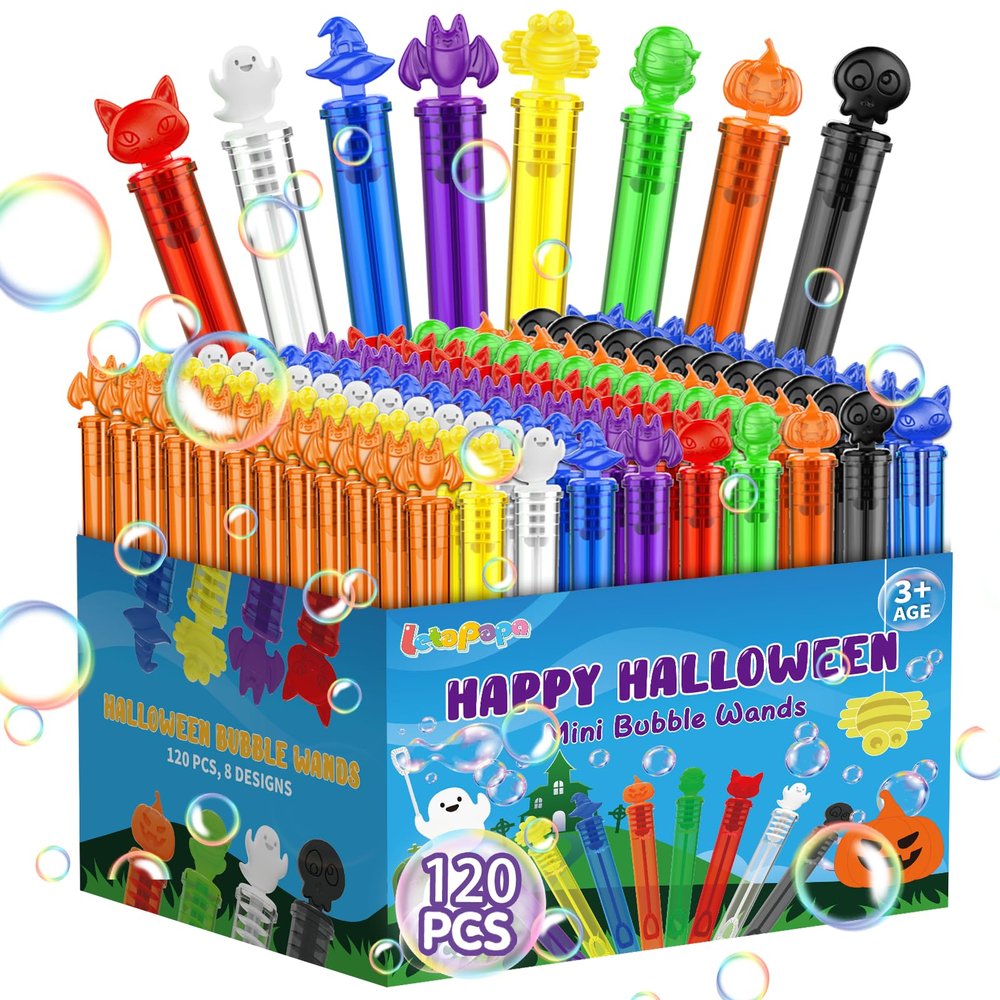 120 PCS Halloween Mini Bubble Wands, Halloween Party Favors for Kids, Bubble Wand Bulk for Goodie Bag Stuffers, Trick or Treat, Halloween School Classroom Prizes Gifts for Boys Girls(8 Designs)
