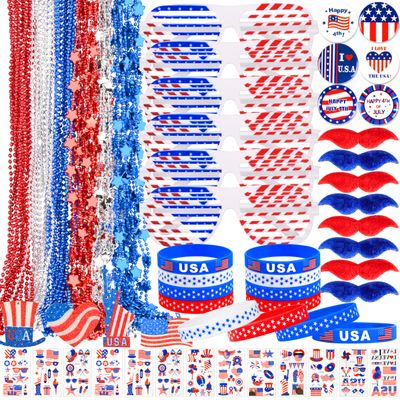 148Pcs Patriotic Accessories Including Glasses Necklaces Silicone Bracelets Tattoos Self-adhesive Mustache Handheld US Flags for 4th of July Memorial Day Independence Day Party Decorations