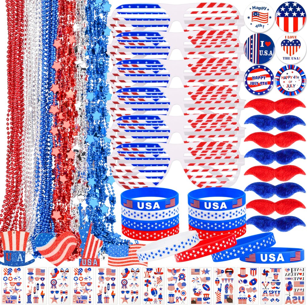 148Pcs Patriotic Accessories Including Glasses Necklaces Silicone Bracelets Tattoos Self-adhesive Mustache Handheld US Flags for 4th of July Memorial Day Independence Day Party Decorations