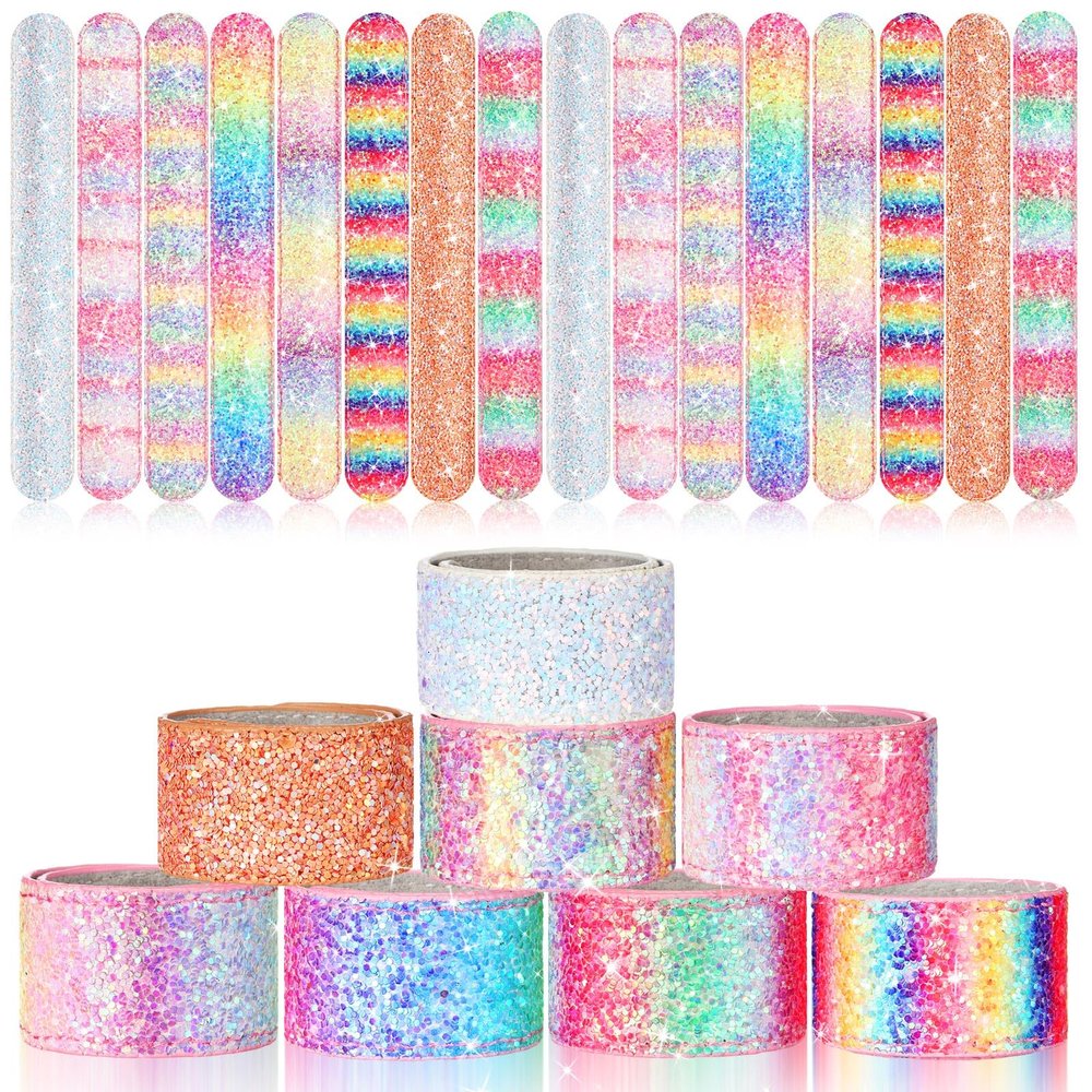 Sotiff 24 Pcs Glitter Slap Bracelets for Girls Sparkly Snap Shine Sequin Bracelet Bulk Wristband Accessories for Teen Youth Birthday Party Favors Supplies