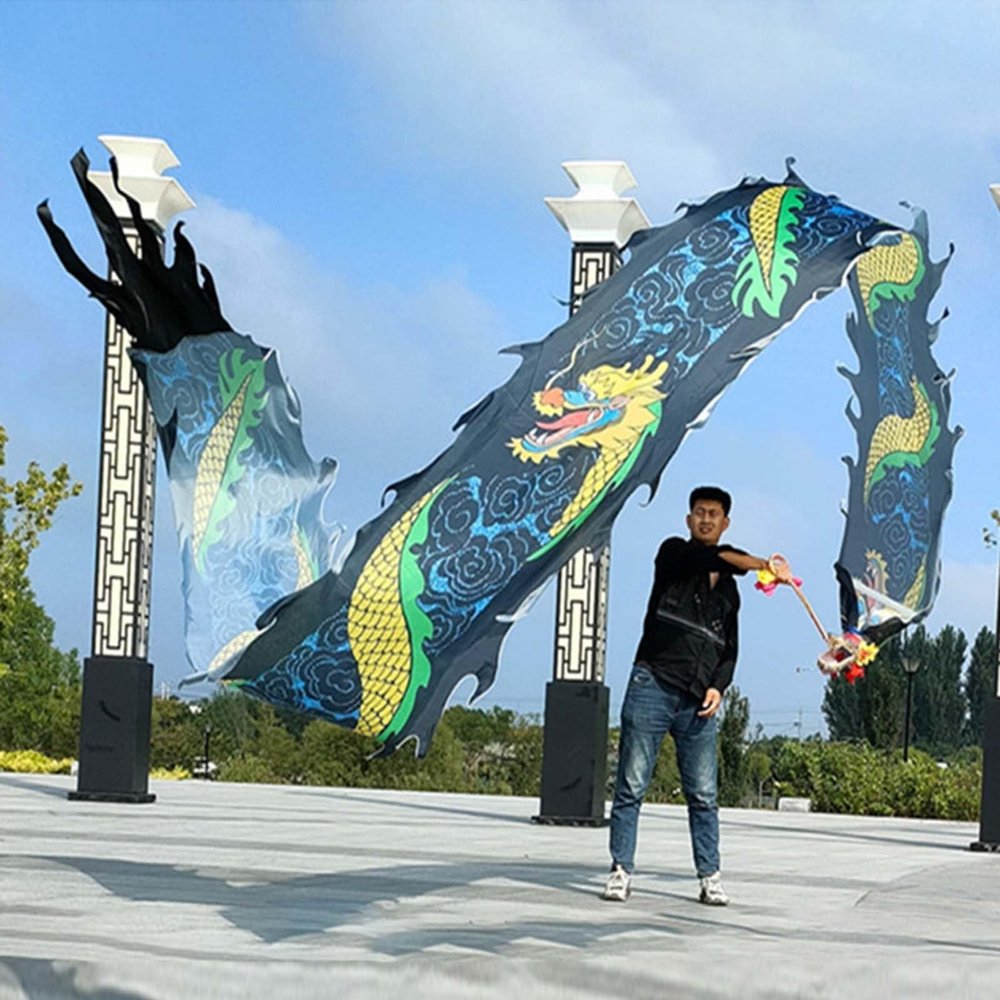 CMYUN Dragon Poi Adult Dragon Poi/Silk Dragon Ribbon Dance Black, Fitness Gym Art Dragon Streamer - 6/8/10/12m, Portable Exercise Ribbon Kite Dancer with Bag (Size : Length - 8m/26ft)