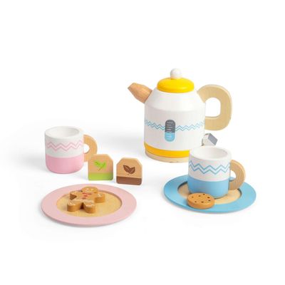 Bigjigs Toys Wooden Tea Set for Two - 10 Piece Children's Teatime Playset (with Kettle, Teabags & Biscuits), Kids Toy Kitchen Accessories, Food Role Play, Gifts for Toddlers, Age 18 Months Old +