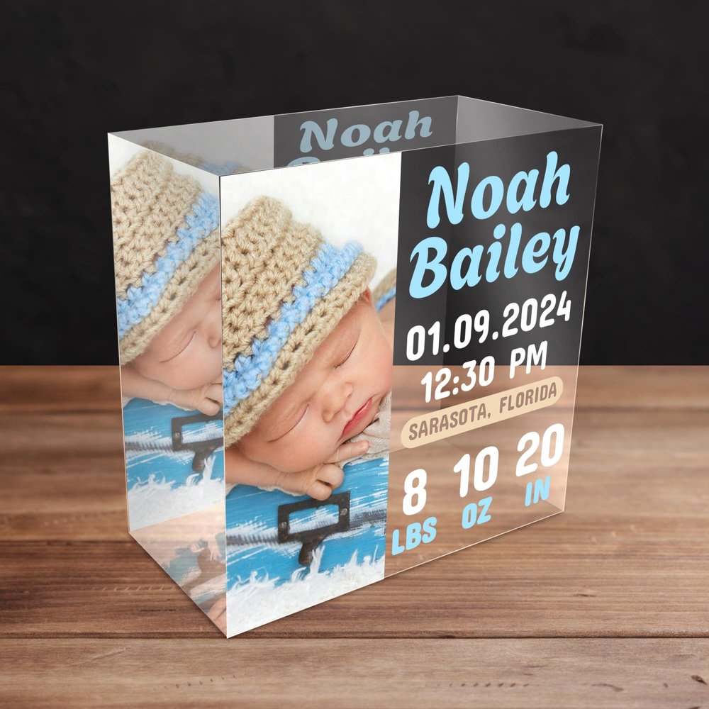 3"x3" Custom Baby Acrylic Photo Block, Personalized Glass Block with Baby Photo Print and Text, Nursery Decor and Gender Reveal Gifts for New Parents (Design 5)