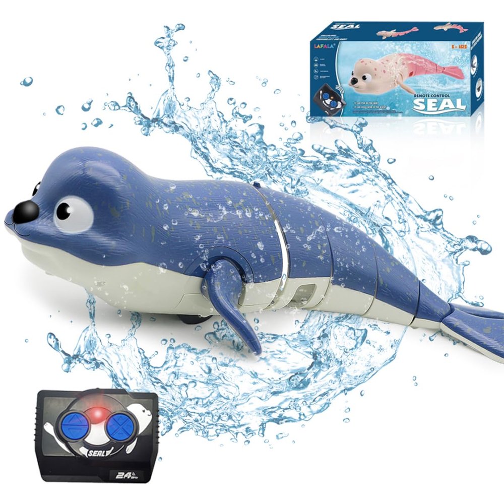 Pool Toys Amphibious Remote Control Lazy Seal 2.4Ghz Rechargeable Battery Cute Toys Robot Fish Remote Control Shark Car Bath Toys Interactive Crawling Toys for Toddler Kids 3,4,5 Years Old Boys Girls
