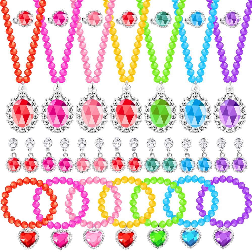 DIZRNOI Princess Jewelry Set for Little Girls with Necklace Bracelets Rings Earrings Birthday Gifts Party Favors Pretend Play Dress up Costume Friendship Jewelry for Toddler Girls