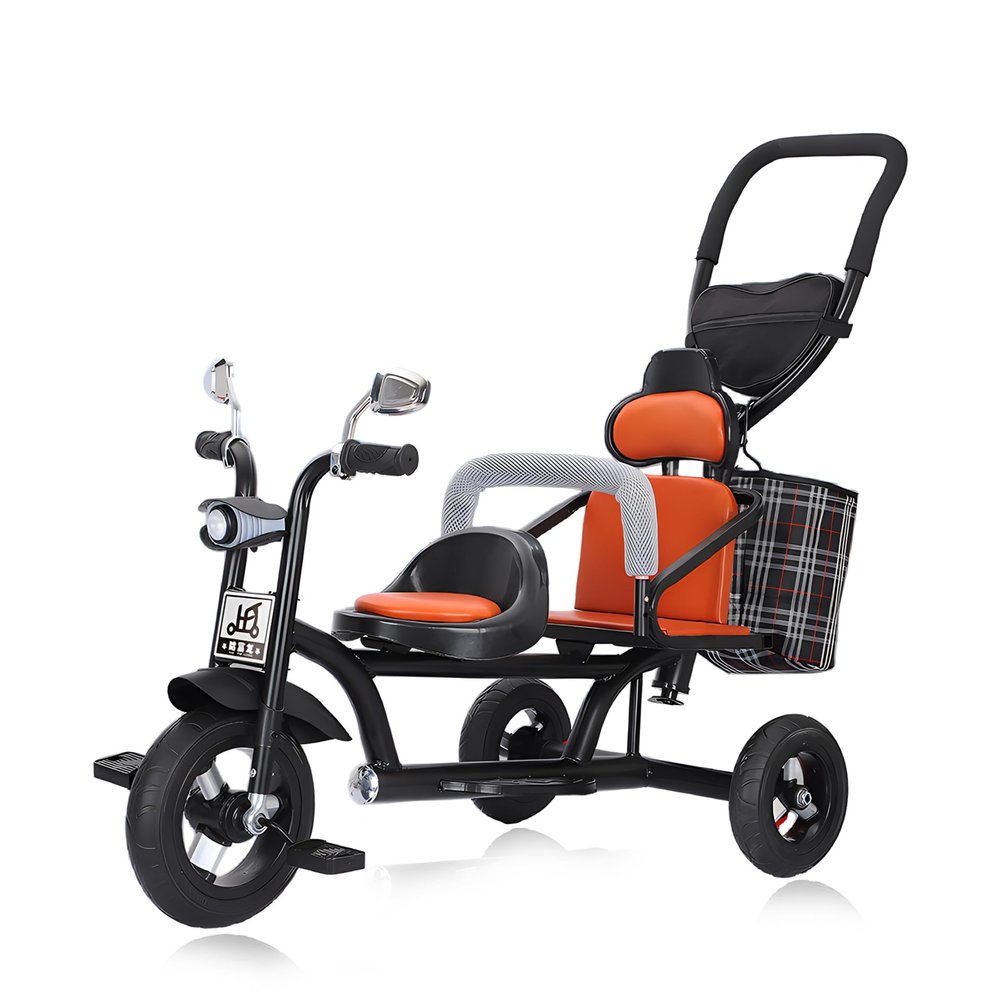 Oisei Kids Tricycle with Dual Seats,Tricycle Stroller,Kid Stroller,4 in 1 Tandem Kids Trike with Removable Push Handle/Canopy/Rear Seat Armrest/Storage Basket,Double Brakes Outdoor Kids Trike Bike,A