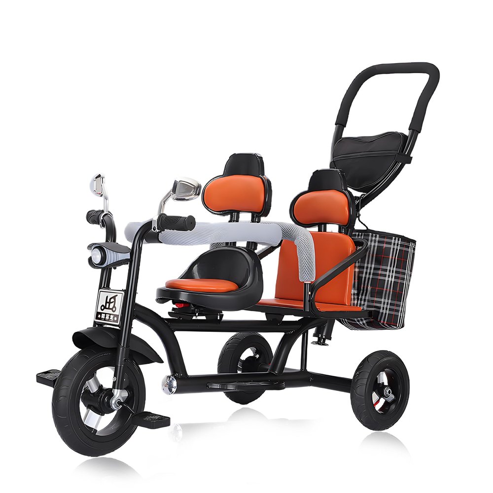 Oisei Kids Tricycle with Dual Seats,Tricycle Stroller,Kid Stroller,4 in 1 Tandem Kids Trike with Removable Push Handle/Canopy/Rear Seat Armrest/Storage Basket,Double Brakes Outdoor Kids Trike Bike,B