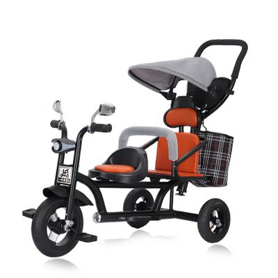 Oisei Kids Tricycle with Dual Seats,Tricycle Stroller,Kid Stroller,4 in 1 Tandem Kids Trike with Removable Push Handle/Canopy/Rear Seat Armrest/Storage Basket,Double Brakes Outdoor Kids Trike Bike,C