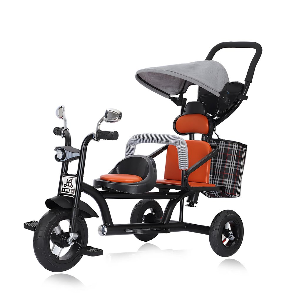 Oisei Kids Tricycle with Dual Seats,Tricycle Stroller,Kid Stroller,4 in 1 Tandem Kids Trike with Removable Push Handle/Canopy/Rear Seat Armrest/Storage Basket,Double Brakes Outdoor Kids Trike Bike,C