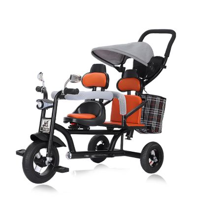 Oisei Kids Tricycle with Dual Seats,Tricycle Stroller,Kid Stroller,4 in 1 Tandem Kids Trike with Removable Push Handle/Canopy/Rear Seat Armrest/Storage Basket,Double Brakes Outdoor Kids Trike Bike,D