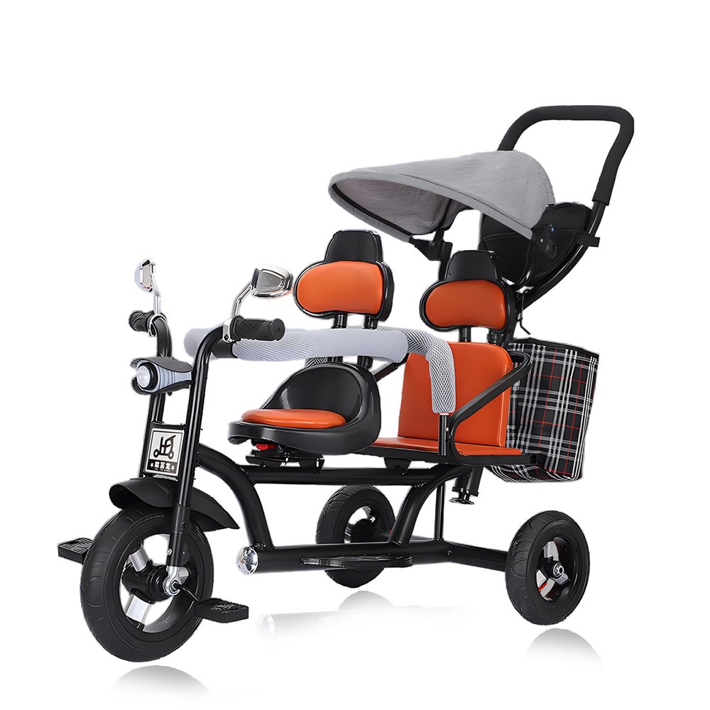Oisei Kids Tricycle with Dual Seats,Tricycle Stroller,Kid Stroller,4 in 1 Tandem Kids Trike with Removable Push Handle/Canopy/Rear Seat Armrest/Storage Basket,Double Brakes Outdoor Kids Trike Bike,D