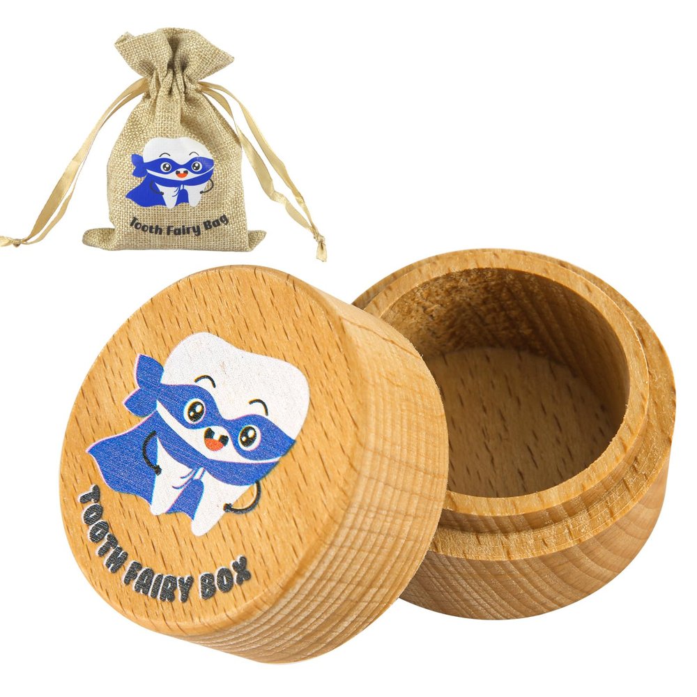 XIHIRCD Tooth Fairy Box with Drawstring Storage Wood Bag, Cute Wooden Tooth Keepsake Box for First Lost Teeth Cartoon Tooth Holder to Put Under Pillow Birthday Gift for Girls Boys (Mask)