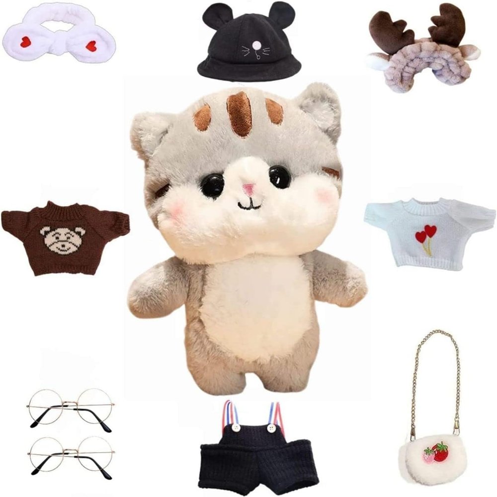 AKRJXCXJD Grey Cat Stuffed Animals Plush Toy with Removable Clothes Cute Soft Cat Plush Stuffed Gifts for Kids - 12 Inch ([9ACC] Cool Suits)