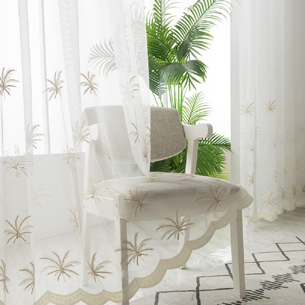Iuokuby New Simple Fresh Leaf White Embroidery Window Treatments Sheer Curtains Beautiful Voile Rod Pocket for Living Dining Room Bedroom(1 Panel W 100 x L 102 inch White)