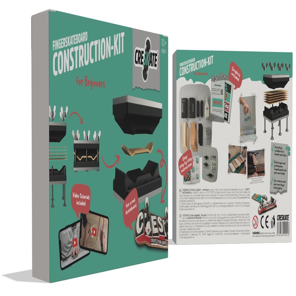 CRESKATE DIY Fingerboard Construction Kit for Beginners  Includes Standard Shape Mold, Fingerboard Shaper, 15 Maple Wood Plies, Trucks & Wheels, Glue, Grip Tape, Step-by-Step Video & Booklet
