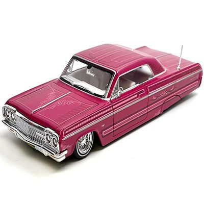 1964 Chevy Impala SS Lowrider Pink with Graphics and White Interior Lowriders Design Series 1/26 Diecast Model Car 32547PK
