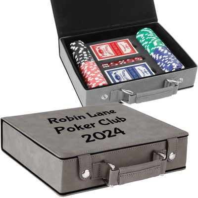 OEZZO Personalized Leatherette Poker Gift Set with Cards, Dice and Chips for Poker Fanatics, Customized Gift Set for Poker Nights, Unique Gifts for Groomsmen, Holidays or Special Events (Gray/Black)
