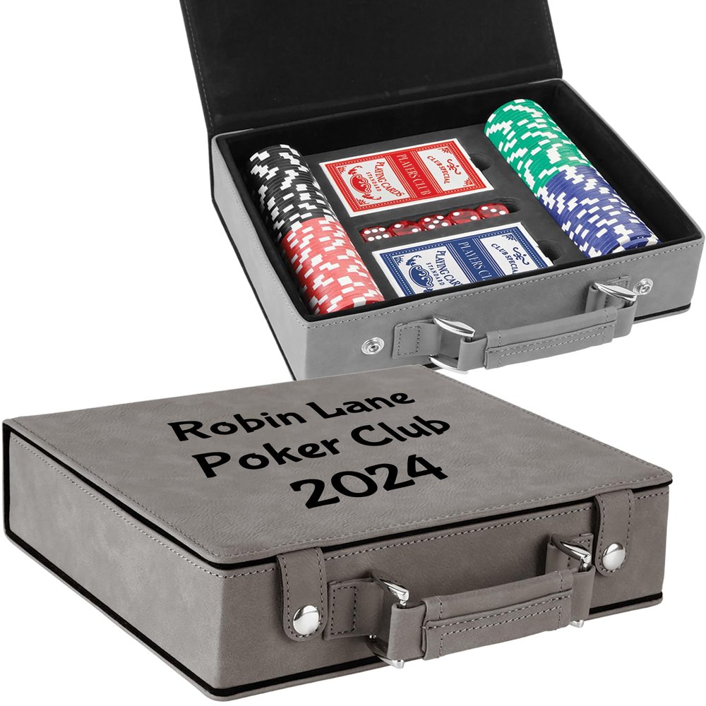 OEZZO Personalized Leatherette Poker Gift Set with Cards, Dice and Chips for Poker Fanatics, Customized Gift Set for Poker Nights, Unique Gifts for Groomsmen, Holidays or Special Events (Gray/Black)