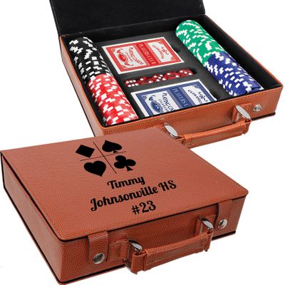 Personalized Poker Gift Set with Cards, Dice and Chips, Customized Basketball Leatherette Case, Poker Player Gifts, Groomsmen, Custom Gift for Husband, Corporate Award, Hoop Star (Basketball/Black)