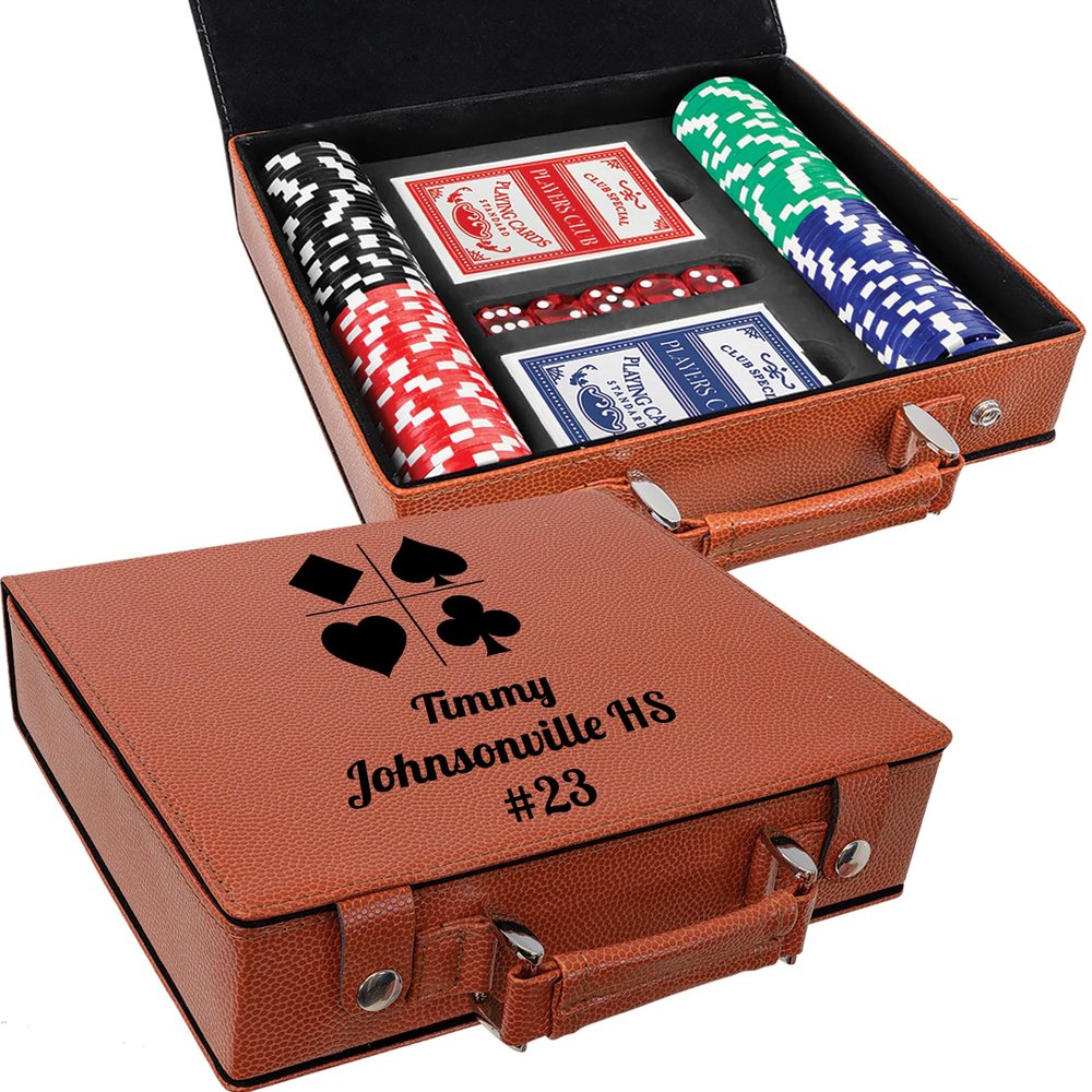 Personalized Poker Gift Set with Cards, Dice and Chips, Customized Basketball Leatherette Case, Poker Player Gifts, Groomsmen, Custom Gift for Husband, Corporate Award, Hoop Star (Basketball/Black)