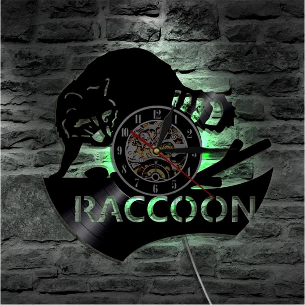 UNbit Wall Clocks, Led Night Light Woodland Animal Wall Art Raccoon Home Decor Wall Clock Racoon Woodland Vinyl Record Clock Kid Room Nursery Raccoon Wall Decor Clock