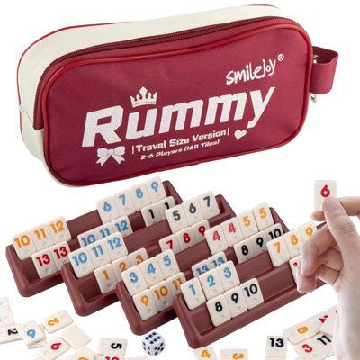 Smilejoy Mini Rummy Cube Six Player Edition, Travel Rummy Game Set with Portable Canvas Bag,Classic Board Game for Adults and Kids |160 Tiles|6 Playing Racks|1 Dice (2-6 Player)