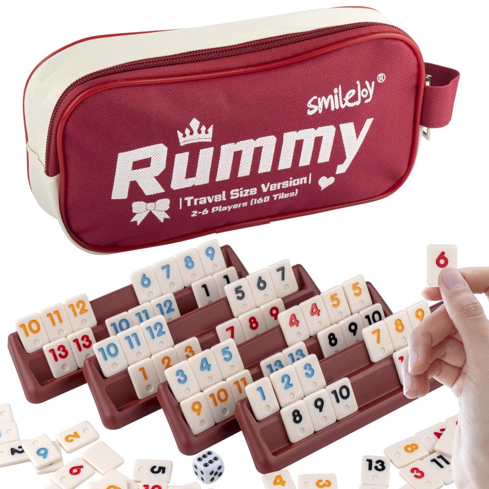 Smilejoy Mini Rummy Cube Six Player Edition, Travel Rummy Game Set with Portable Canvas Bag,Classic Board Game for Adults and Kids |160 Tiles|6 Playing Racks|1 Dice (2-6 Player)