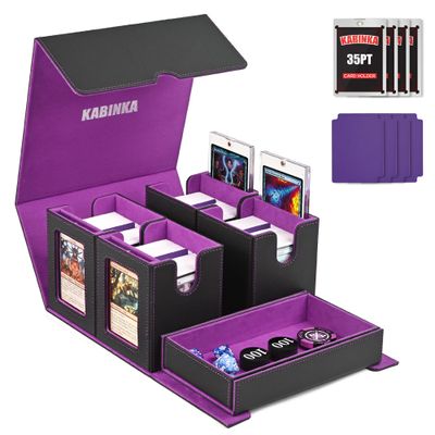 Kabinka Commander Deck Box for MTG Fits 400+ Double-Sleeved Card Storage, 5 IN 1 Removable Card Case with Dice Tray, Display Window for TCG/PTCG/EDH, 4 Magnetic One Touch Holders (Black Purple)
