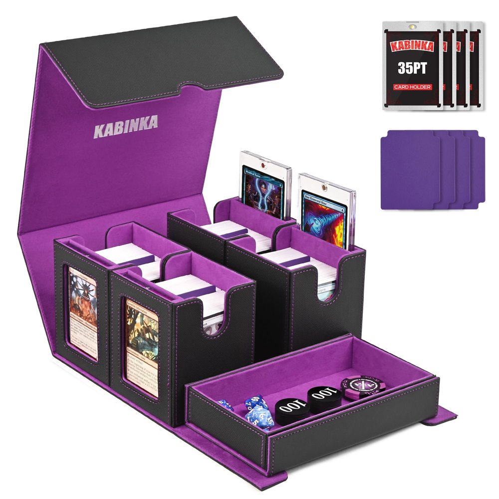 Kabinka Commander Deck Box for MTG Fits 400+ Double-Sleeved Card Storage, 5 IN 1 Removable Card Case with Dice Tray, Display Window for TCG/PTCG/EDH, 4 Magnetic One Touch Holders (Black Purple)