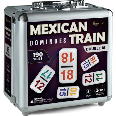 Queensell Mexican Train Dominoes Set with Numbers - Double 18 Dominos Set for Adults and Kids - Mexican Dominoes Train Game Night Games for Adults with Wooden Hub and Aluminum Case