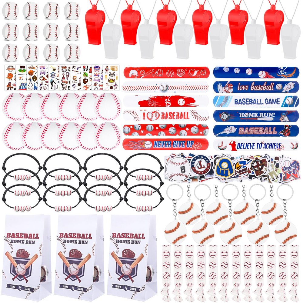208Pcs Baseball Party Favors with Baseballs Party Bags Whistle Mini Foam Ball Slap Bracelets Keychains Sticker Tattoo for Baseballs Party Goodie Bag Fillers