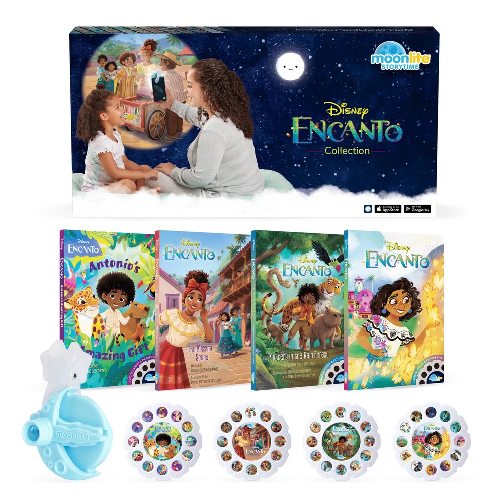 Moonlite Storytime Starter Pack with Smartphone Projector, Picture Disc and Four Stories, Ideal for Bedtime, Storytime, Family Travel and Thoughtful, Disney Encanto