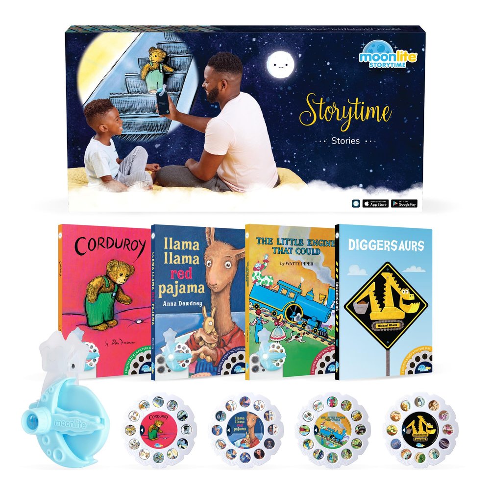 Moonlite Storytime Starter Pack with Smartphone Projector, Picture Disc and Four Stories, Ideal for Bedtime, Storytime, Family Travel and Thoughtful, Storytime
