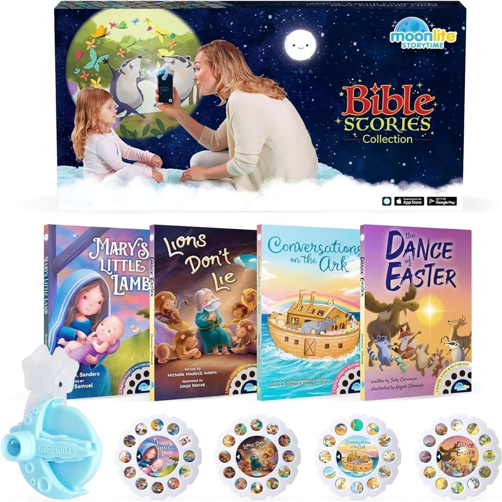 Moonlite Storytime Starter Pack with Smartphone Projector, Picture Disc and Four Stories, Ideal for Bedtime, Storytime, Family Travel and Thoughtful, Bible