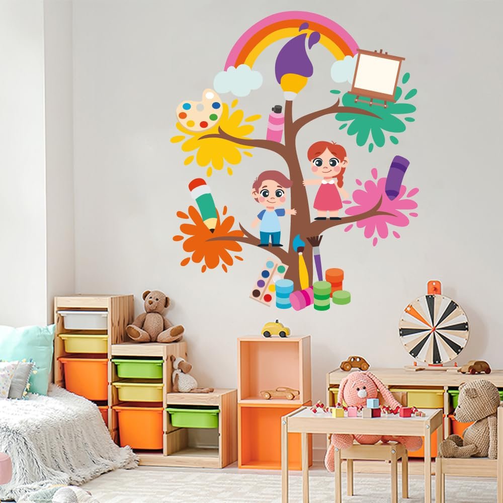 Kids Bedroom Nursery Daycare Art Concept Kids On Tree Design Removable Vinyl Wall Sticker Decoration - 20" x 24" Home Living Room Cartoon Drawing Art Adhesive Kindergarten Wall Decal