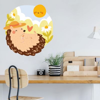 Home Living Room Colorful Cartoon Drawing Art Sleeping Porcupine Animal Flowers Under The Sun Design Vinyl Wall Decoration Sticker - 25" x 25" Kids Bedroom Hedgehog Clipart Wall Decal