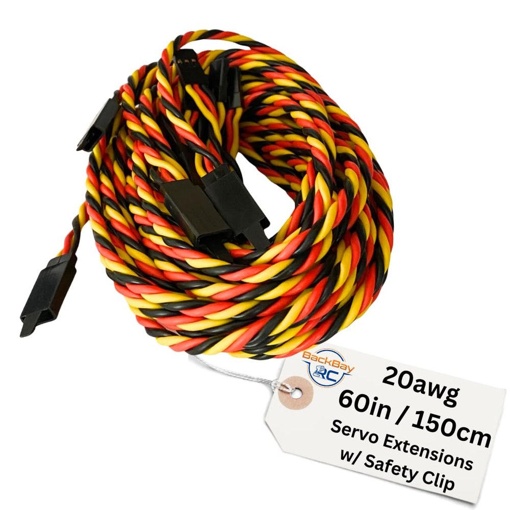 BackBayRC - 20awg Twisted Servo Extension Cable w/Safety Clip - 100 Strands for RC Vehicles, Drones, E-Bikes - 8 Lengths / 5 Wires per Pack (150CM / 60in / 5ft)
