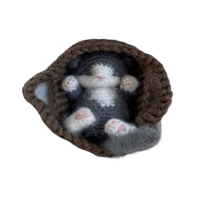 Fluffy Sleeping Kitten Dark Grey toy. Realistic Newborn Cat in the brown basket| crib. Crochet Handmade Gift for Toddlers.