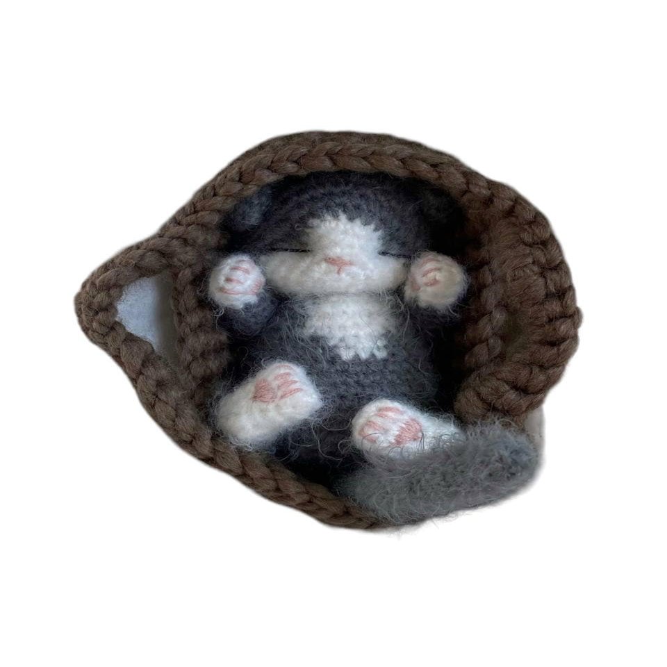 Fluffy Sleeping Kitten Dark Grey toy. Realistic Newborn Cat in the brown basket| crib. Crochet Handmade Gift for Toddlers.