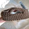 Fluffy Sleeping Kitten Dark Grey toy. Realistic Newborn Cat in the brown basket| crib. Crochet Handmade Gift for Toddlers. view 3
